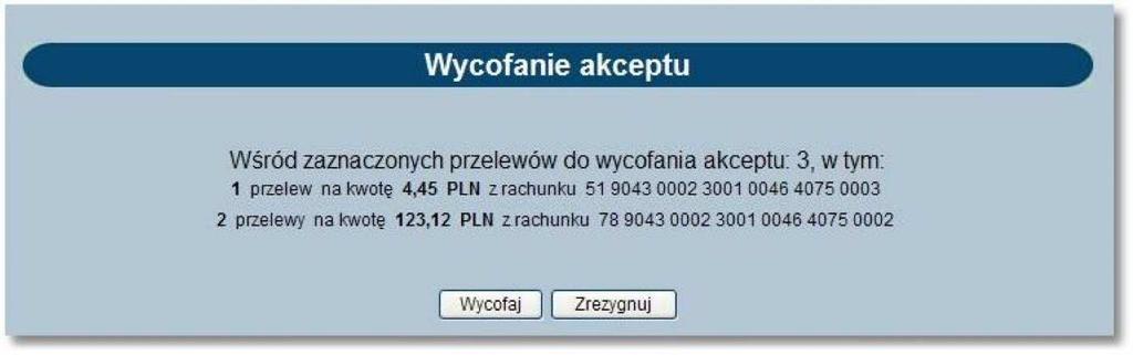 Po naciśnięciu przycisku [Wycofaj] aplikacja poinformuje stosownym komunikatem o wycofaniu akceptu zaznaczonych przelewów, które otrzymują wówczas