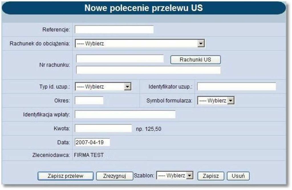 Należy wprowadzić następujące dane: Referencje - w polu tym można wpisać dowolne literowe i/lub cyfrowe oznaczenie przelewu np. Przelew_US_PIT5.