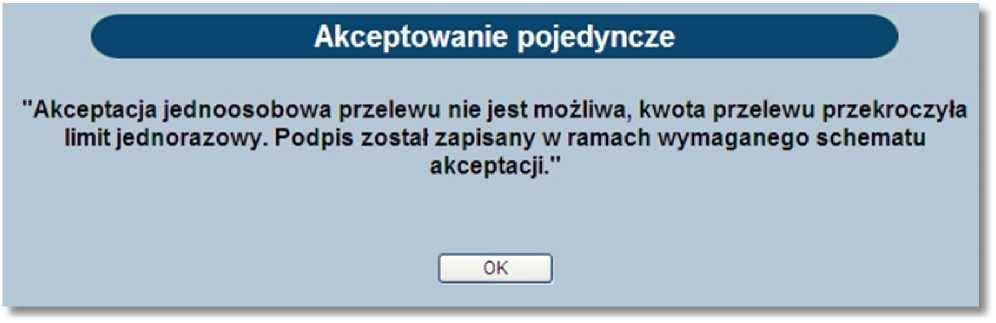 powodowało wyświetlenie komunikatu: "Akceptacja jednoosobowa przelewu nie jest możliwa, kwota przelewu przekroczyła jednoosobowy limit dzienny.