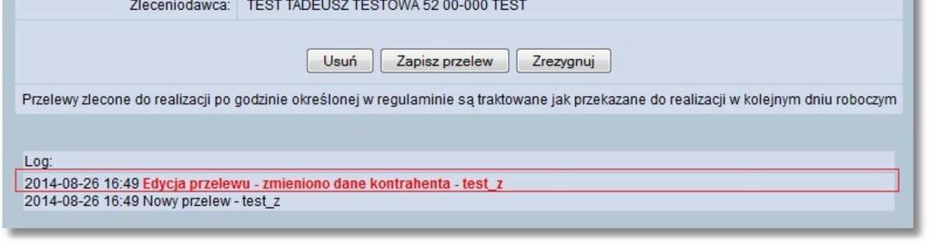 widoczny jest dotychczasowy wpis "Edycja przelewu".