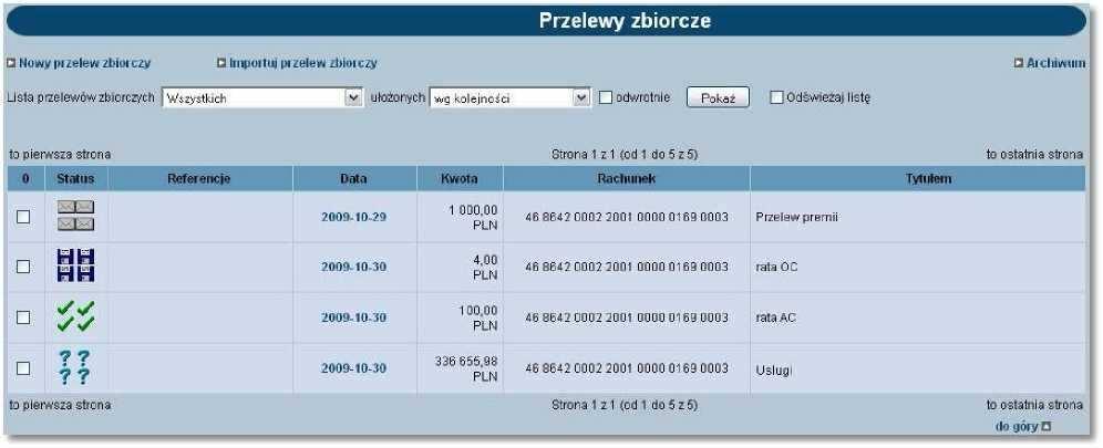 Dla listy przelewów zbiorczych dostępne są następujące przyciski funkcyjne: [Zaznacz na stronie] - zaznaczenie wszystkich przelewów zbiorczych wyświetlonych na stronie.