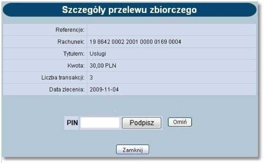 Akceptowanie pojedynczo przelewów zbiorczych Użytkownik ma możliwość akceptowania pojedynczo przelewów zbiorczych.