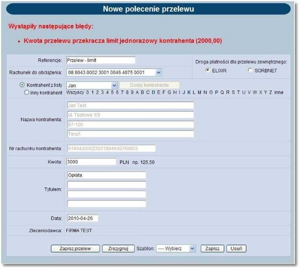 Przy próbie złożenia przelewu dla rachunku kontrahenta, dla którego została przekroczona