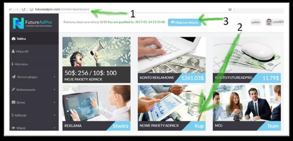 FutureAdPro codzienna aktywność Zobaczmy jak wyglądają codziennie obowiązki partnera, by mógł otrzymywać udział w formie bonusów. 1. Wejdź na stronę futureadpro.