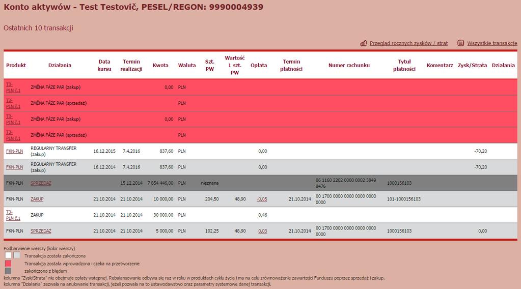 Za pomocą odnośnika 10 ostatnich transakcji mogą Państwo wyświetlić 10 ostatnich transakcji dla wybranego Rachunku Papierów Wartościowych, które zostały na tym rachunku wykonane.