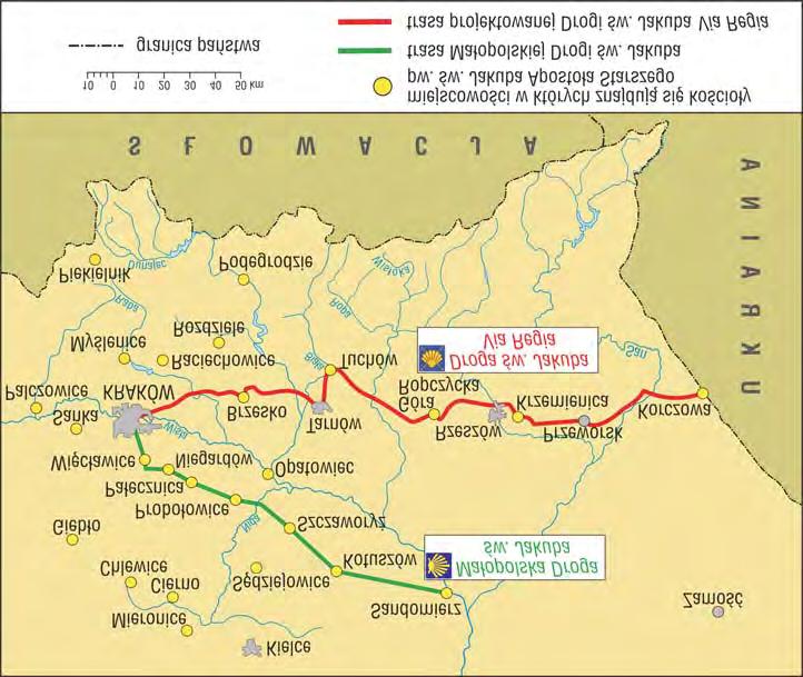 10. MAŁOPOLSKA DROGA ŚW. JAKUBA (stan na 2008 r.) Drogowskaz z muszlą na Małopolskiej Drodze św. Jakuba W drodze z Małopolski do Santiago Kościoły pw. św. Jakuba Apostoła Starszego oraz trasa Małopolskiej Drogi św.