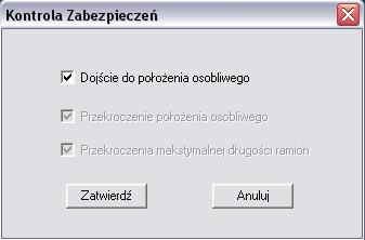 Rys. 7.9. Okno kontroli zabezpieczeń Rys. 7.. Pierwsze ostrzeżenie Rys. 7.. Drugie ostrzeżenie Okno zawierające model symulacyjny robota przedstawia rys.