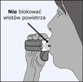 Wyjąć inhalator z ust i wstrzymać oddech na 5-10 sekund lub na tak długo, jak to jest możliwe bez odczucia dyskomfortu. Po tym czasie zrobić powolny wydech nie w kierunku inhalatora.