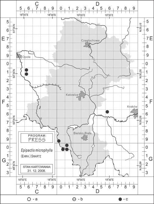 Marek Fiedor, Tomasz Beczała Materiały do atlasu rozmieszczenia oraz stanu zasobów roślin... Ryc. 3. Rozmieszczenie stanowisk Epipactis microphylla (Ehrh.