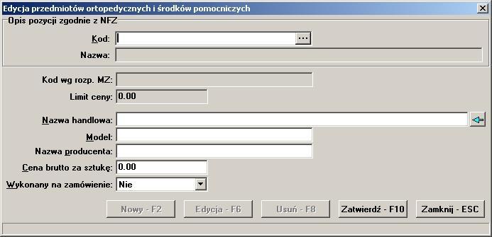 Wybieramy przycisk Nowy - F2. 4. Wprowadzamy kod ze słownika przedmiotów ortopedycznych i środków pomocniczych udostępnionego przez NFZ.