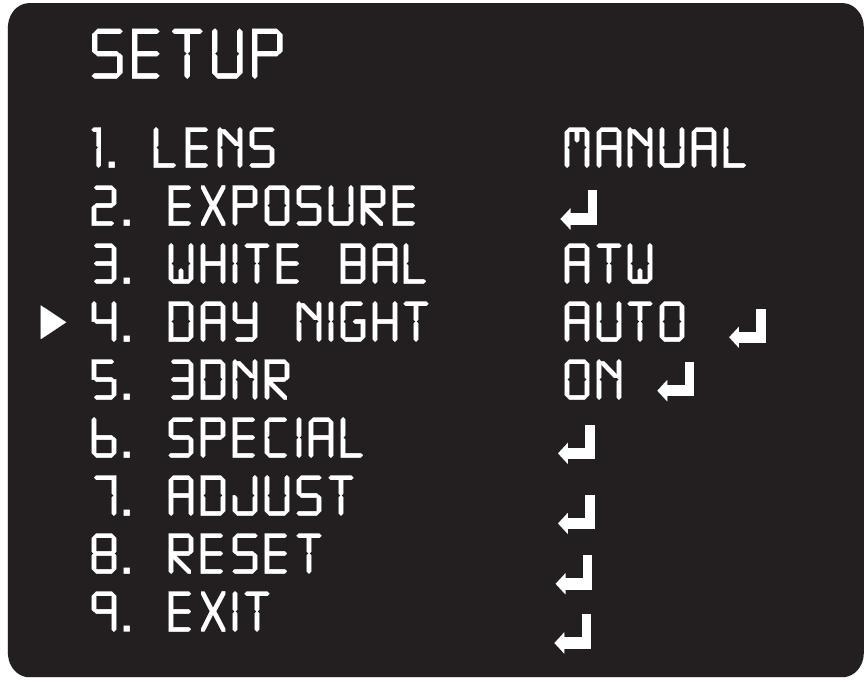 DAY/NIGHT Funkcja pozwalająca na wyświetlanie obrazu z kamery w kolorze lub B/W. Mamy do wyboru trzy nastawy: COLOR - kamera wyświetla obraz w kolorze bez względu na panujące warunki oświetleniowe.