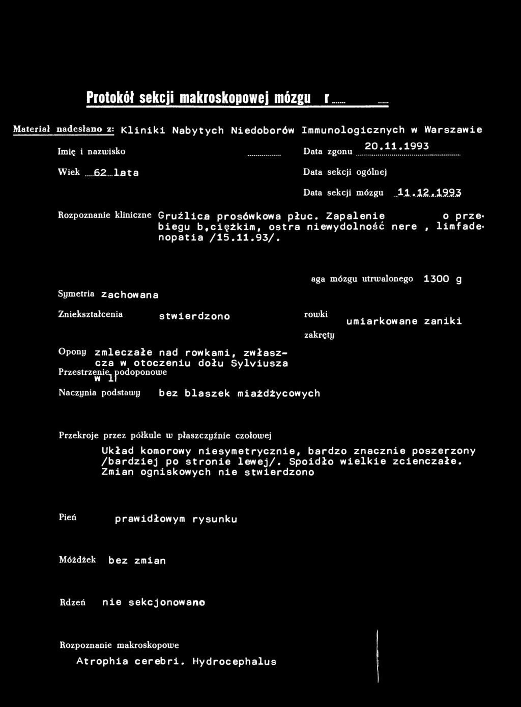 Protokół sekcji makroskopowej mózgu Nr_69/93 Materiał nadesłano z: Kliniki Nabytych Niedoborów Immunologicznych w Warszawie Imię i nazwisko Data zgonu 20.11,1993 Wiek...62.