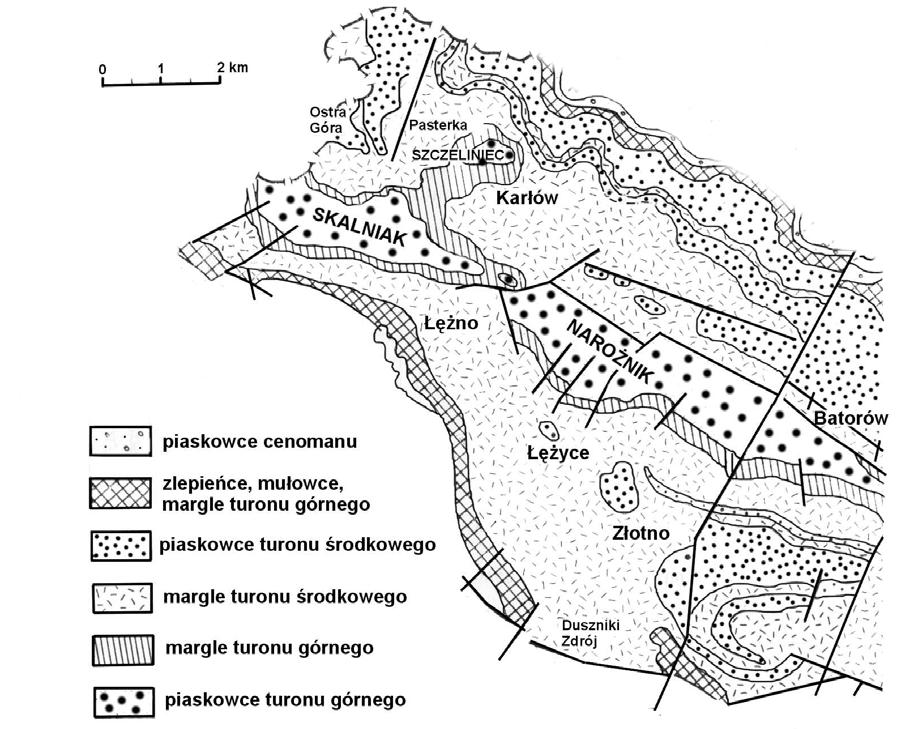 Zadanie 7. (1 pkt) Na mapie geologicznej przedstawiono fragment obszaru Gór Stołowych. Źródło: CKE 2006 (PR), zad. 5.