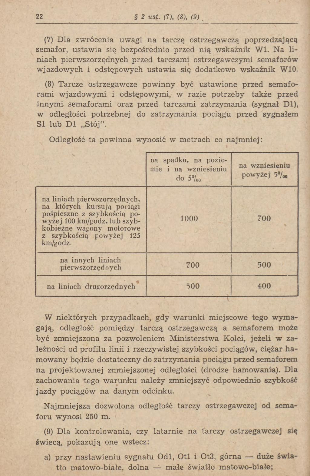 22 2 ust. (7), (8), (9) (7) Dla zwrócenia uwagi na tarczę ostrzegawczą poprzedzającą semafor, ustawia się bezpośrednio przed nią wskaźnik Wl.