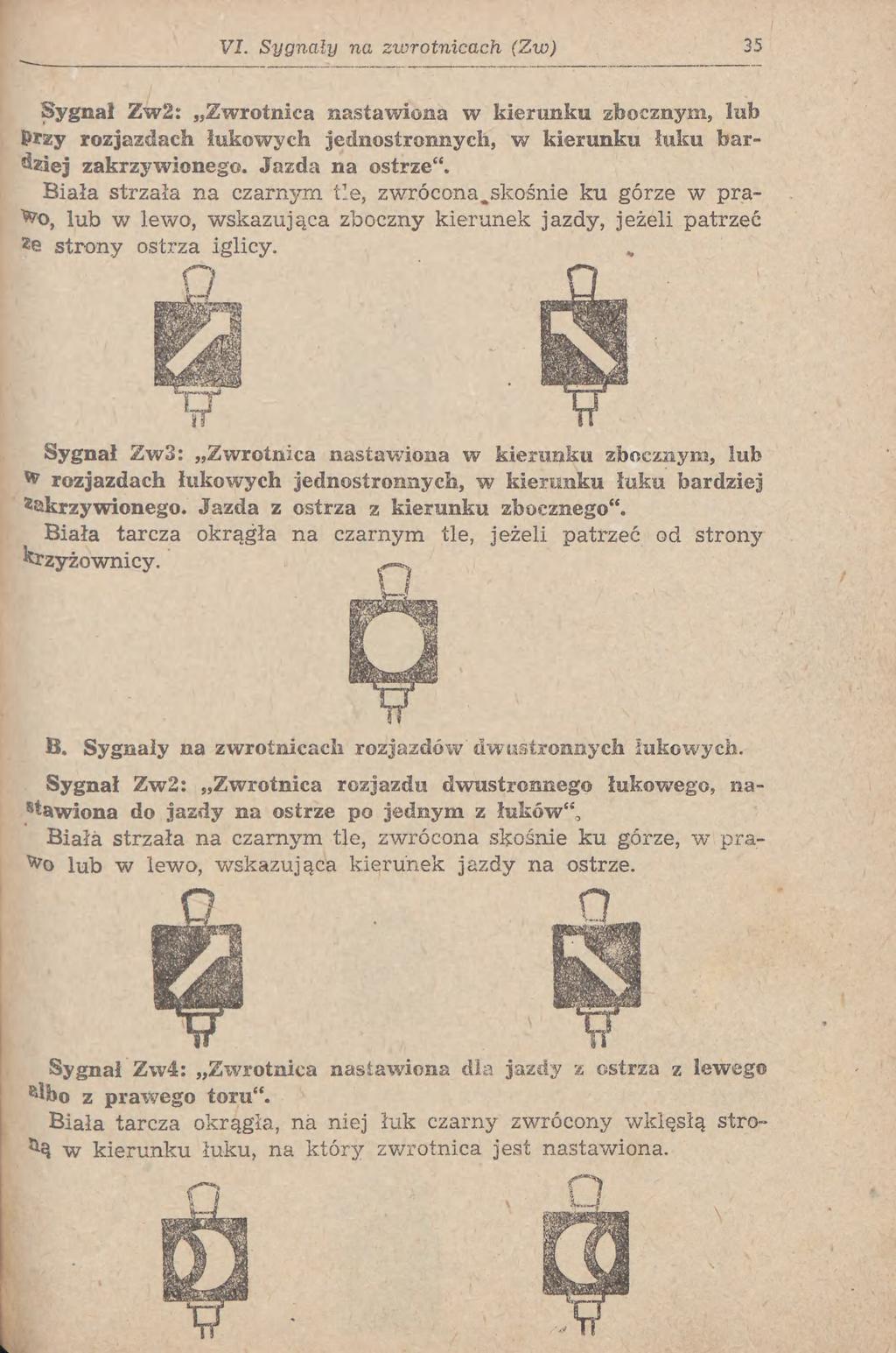 VI. Sygnały na zwrotnicach (Zw) 35 Sygnał Zw2: Zwrotnica nastawiona w kierunku zfoocznym, lub Przy rozjazdach łukowych jednostronnych, w kierunku łuku bar- &dej zakrzywionego. Jazda na ostrze".