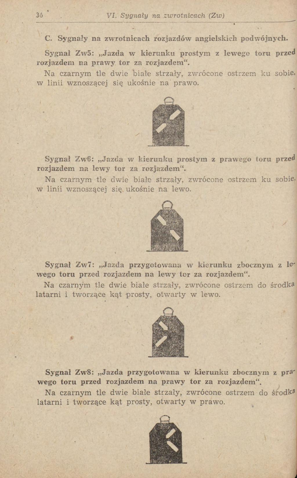 VI. Sygnały na zwrotnicach (Ziv) C. Sygnały na zwrotnicach rozjazdów angielskich podwójnych. Sygnał Zw5: Jazda w kierunku prostym z lewego toru przed rozjazdem na prawy tor za rozjazdem".