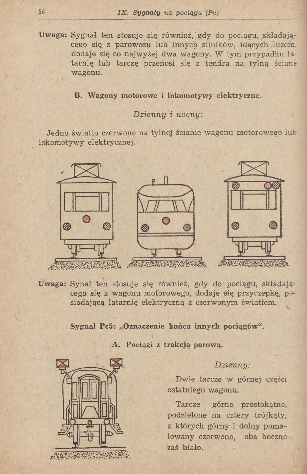 54 IX. Sygnały na pociągu (Pc) Uwaga: Sygnał ten stosuje się również, gdy do pociągu, składającego się z parowozu lub innych silników, idących luzem, dodaje się co najwyżej dwa wagony.