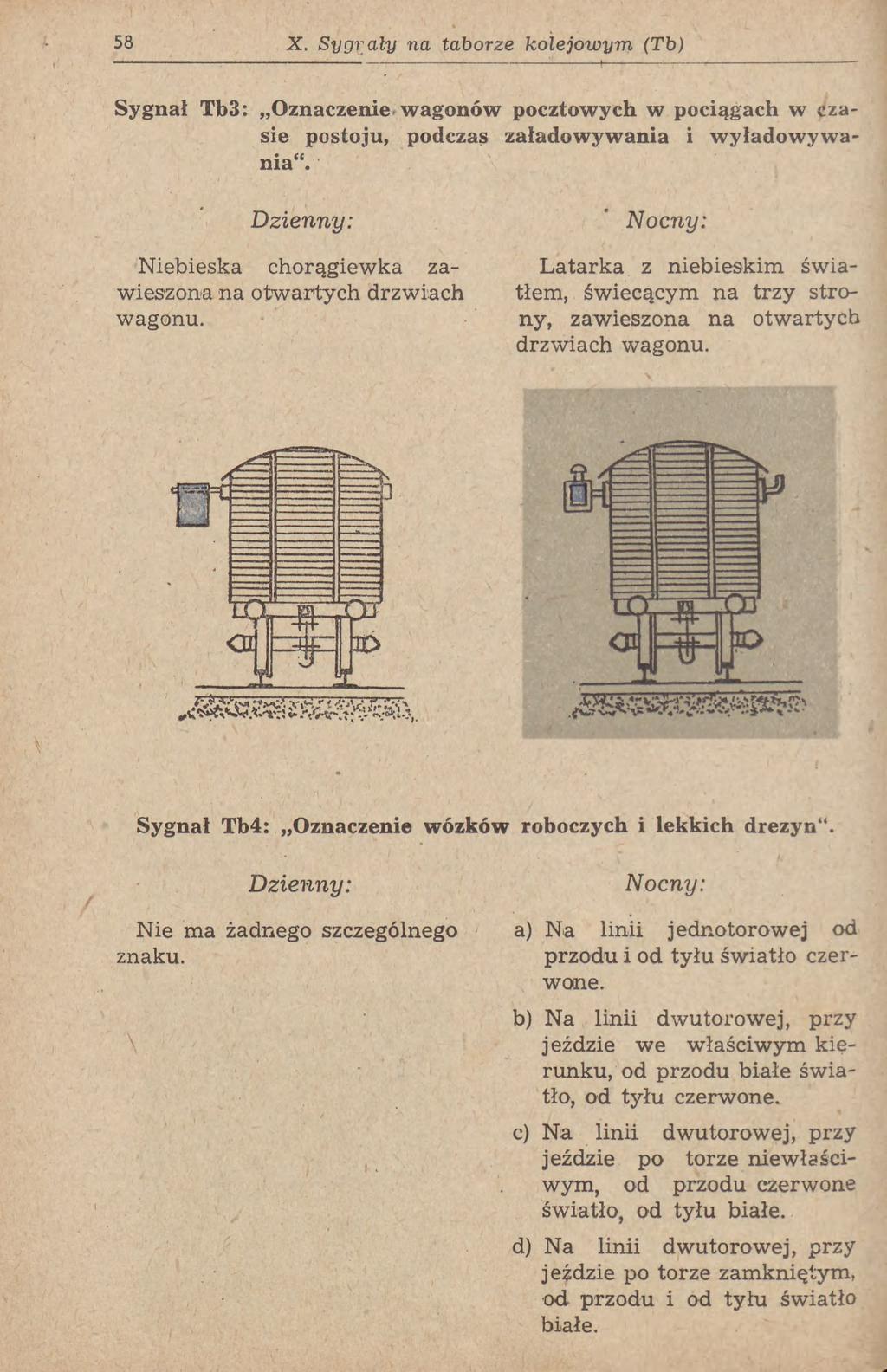 58 X. Sygrały na taborze kolejowym (Tb) Sygnał Tb3: Oznaczenie wagonów pocztowych w pociągach w czasie postoju, podczas załadowywania i wyładowywania".