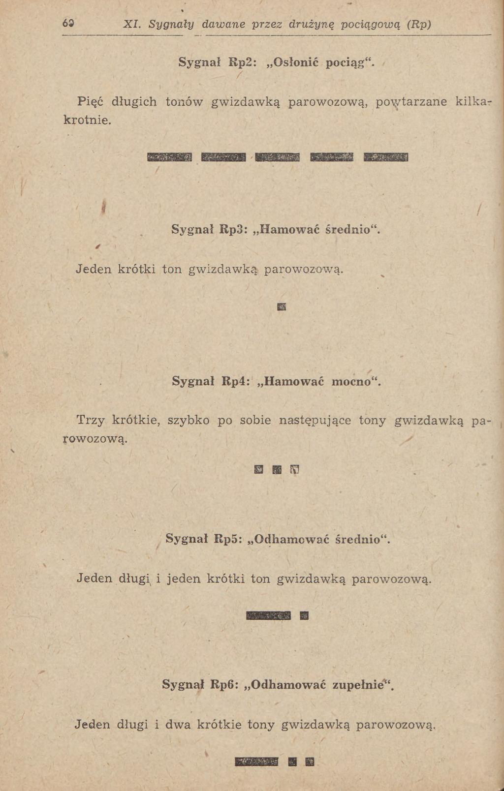63 XI. Sygnały dawane przez drużyną pociągową (Rp) Sygnał Rp2: Osłonić pociąg". Pięć długich tonów gwizdawką parowozową, powtarzane kilkakrotnie.