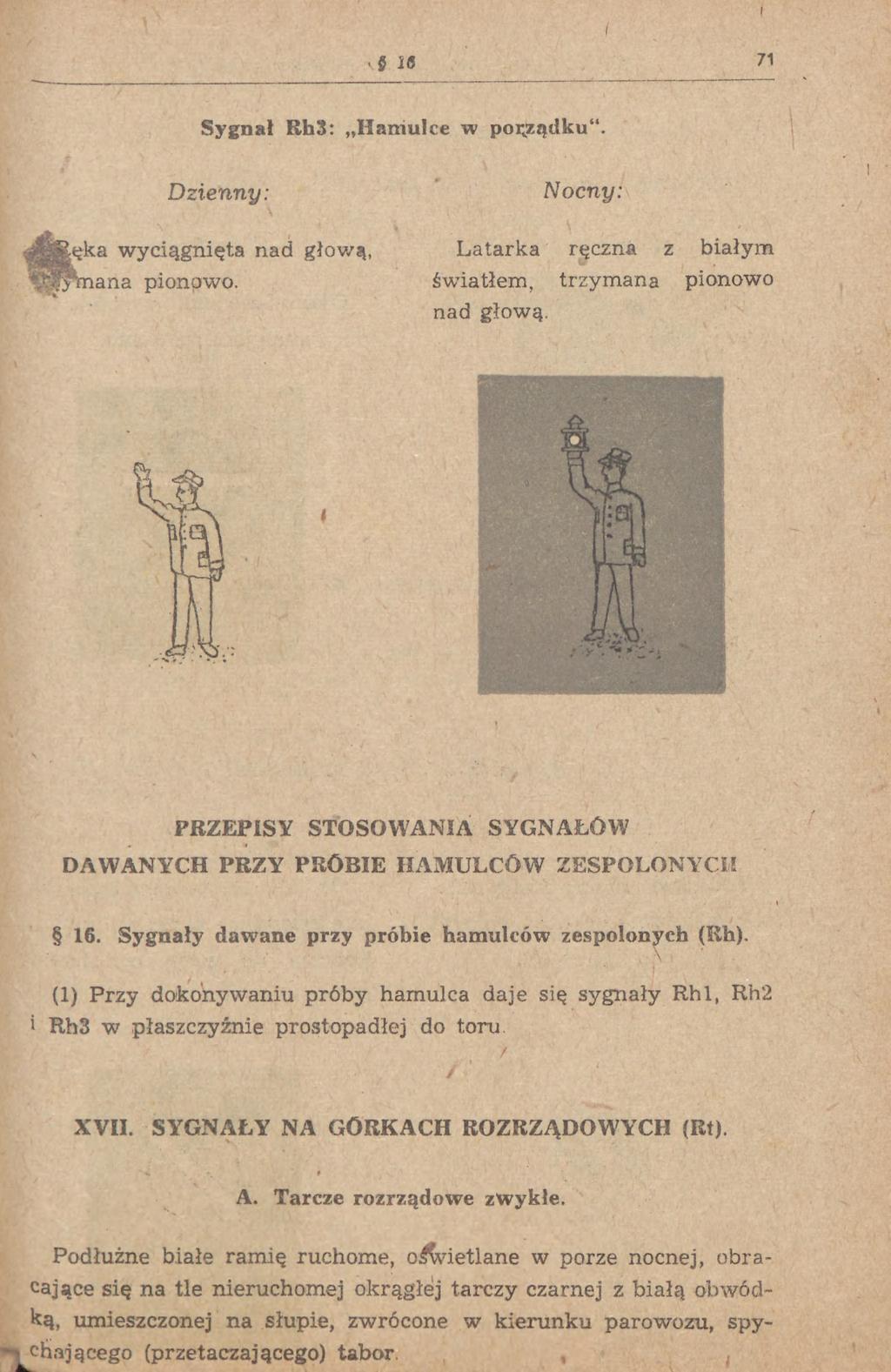 16 71 Sygnał Rh3: Hamulce w porządku". Dzienny: Nocny: ęka wyciągnięta nad głową, Latarka ręczna z białym vspnana pionpwo. światłem, trzymana pionowo nad głową.