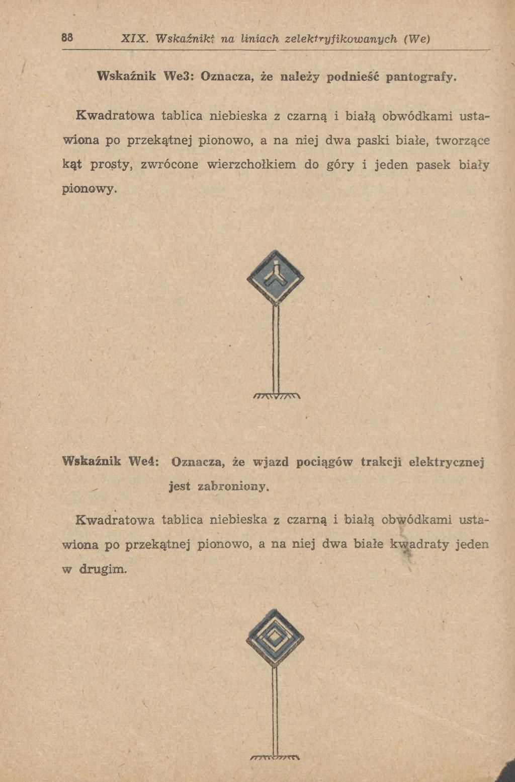 88 XIX. Wskaźniki na liniach zelektryfikowanych (We) Wskaźnik We3: Oznacza, że należy podnieść pantografy.