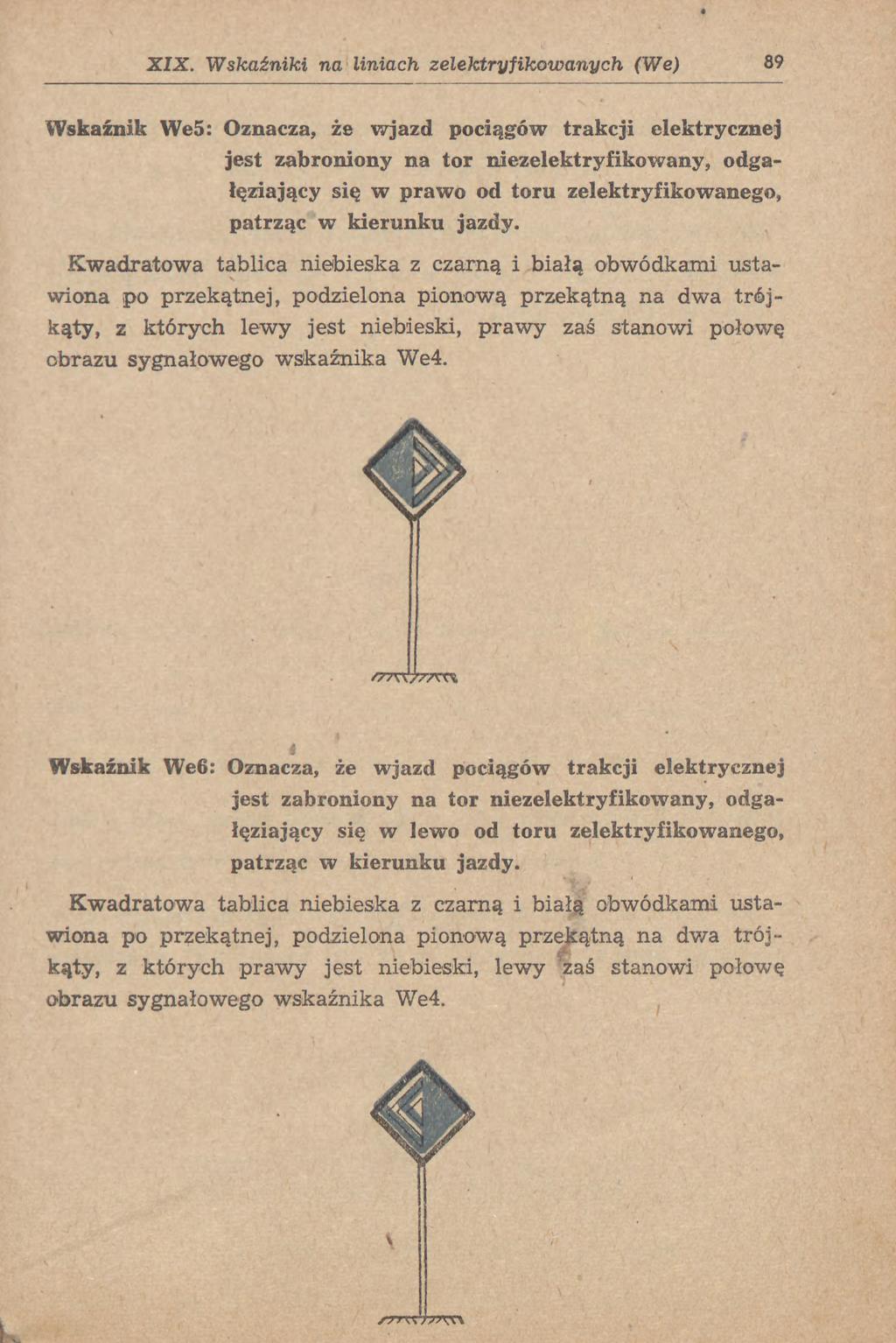 XIX. Wskaźniki na liniach zelektryfikowanych (We) 89 Wskaźnik We5: Oznacza, że wjazd pociągów trakcji elektrycznej jest zabroniony na tor niezelektryfikowany, odgałęziający się w prawo od toru