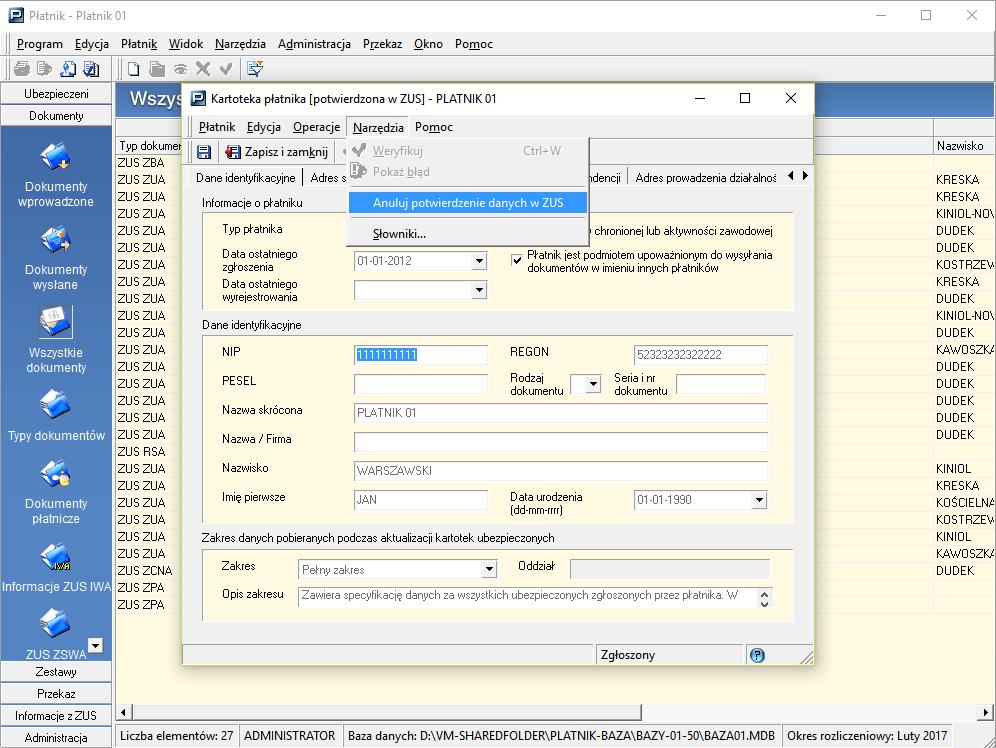 5.2.2 Anulowanie potwierdzenia danych płatnika i ubezpieczonych z rejestrem w ZUS W programie PŁATNIK począwszy od wersji 9.01.
