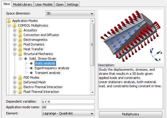 Przebieg symulacji: Symulacja dla obu rodzajów elementów została przeprowadzona w programie COMSOL Multiphysics, w module Structural Mechanics, pod module