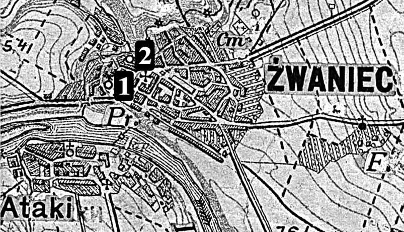 Mapa 28. Żwaniec na mapie WIG z oznaczeniem obiektów sakralnych: 1. kościół parafialny (dawny kościół ormiański); 2. zamek Kościół pw. Niepokalanego Poczęcia NMP W 1740 r.