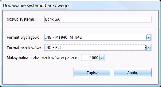 4 4 Podręcznik użytkownika Symfonia e-dokumenty Rys. 4-1 Okno dodawania systemu bankowego. Zostanie otwarte okno dodawania systemu bankowego.