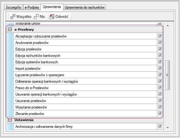 Ustawienia 4 7 Tryby pracy Rys. 4-3 Okno nadawania uprawnień w obszarze e-przelewów.