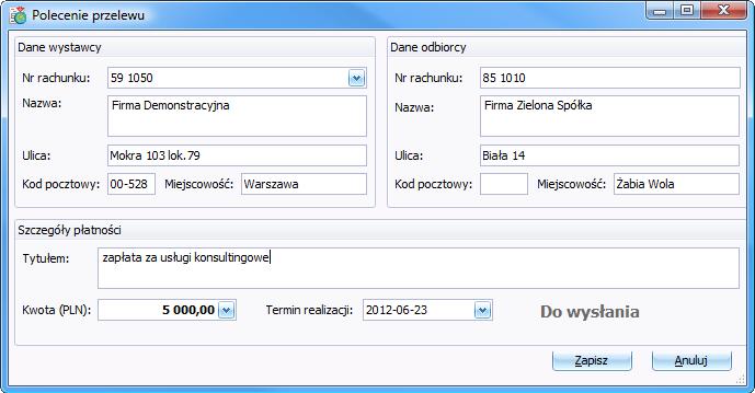 Praca z programem 5 7 przelewów bankowych wystawione w dowolnym programie linii Symfonia widoczne są w oknie przeglądania przelewów bankowych programu symfonia e-dokumenty.