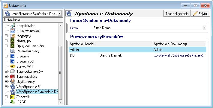 6 4 Podręcznik użytkownika Symfonia e-dokumenty Rys. 6-2 Okno Ustawienia programu Handel powiązania użytkowników z programem e-dokumenty.