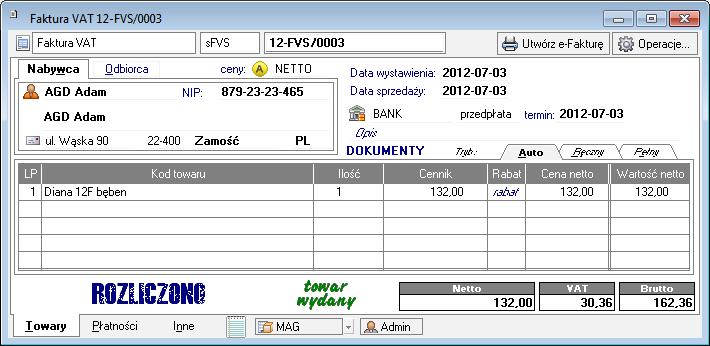 Współpraca z innymi programami 6 9 Rys. 6-8 Okno Faktura tworzenie e-faktury. 4. Wybierz przycisk Utwórz e-fakturę. 5. Kliknij przycisk Wystaw dokument. 6. Po wybraniu tego polecenia otwiera się okno Tworzenie e-faktury, w którym należy wybrać raport za pomocą, którego zostanie wygenerowana e-faktura.