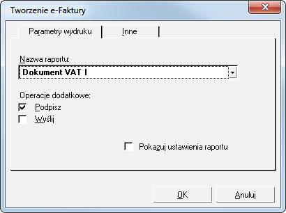 Zaznaczenie opcji Pokazuj ustawienia raportu spowoduje wyświetlenie dodatkowych opcji do wyboru elementów, które dodatkowo mogą zostać zaprezentowane na e-fakturze. 7. Wybierz przycisk OK. Rys.