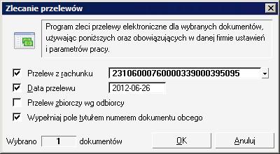 W menu rozwiniętym przyciskiem Operacje dostępne są wówczas polecenia obsługujące współpracę z zakresie obsługi przelewów elektronicznych.