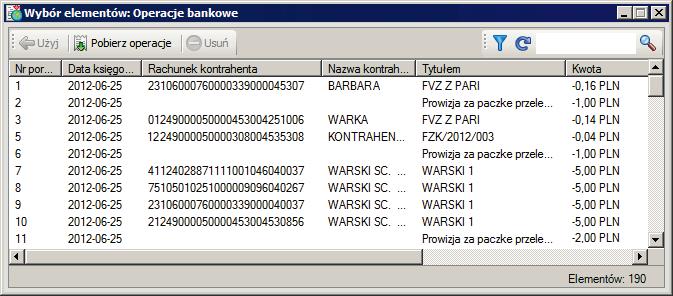 6 18 Podręcznik użytkownika Symfonia e-dokumenty Rys. 6-22 Okno Wybór elementów: Operacje bankowe.