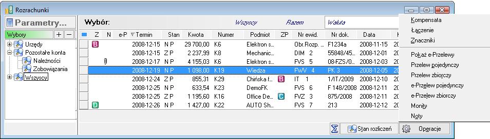 Przelew zbiorczy można wystawić wyłącznie w oknie Rozrachunki. Rozrachunki, z których zostały wystawione polecenia przelewu, są oznaczane w kolumnie e-p na liście w oknie Rozrachunków ikonką.