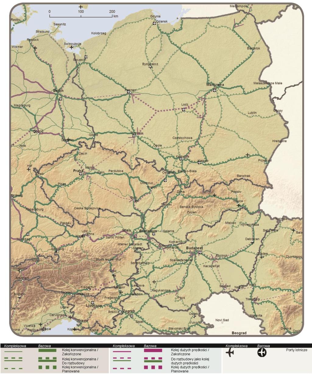 transgranicznych, brakujących ogniwach, połączeniach multimodalnych i najważniejszych wąskich gardłach. Ryc. 1 Sieć kompleksowa: Linie kolejowe i porty lotnicze.