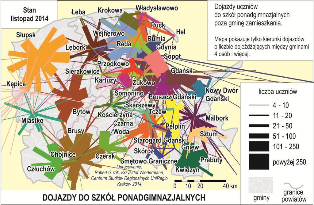 20 Dojazdy uczniów do szkół ponadgimnazjalnych w woj. pomorskim w 2014 roku / Źródło :Analiza relacji funkcjonalno-przestrzennych między ośrodkami miejskimi i ich otoczeniem, str.376 Rys.