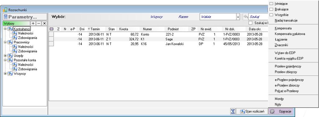 do wielu kontrahentów i/lub uwzględniające rozliczenie wielu transakcji). Przelew pojedynczy można sporządzić w oknie Dokumenty oraz w oknie Rozrachunki.
