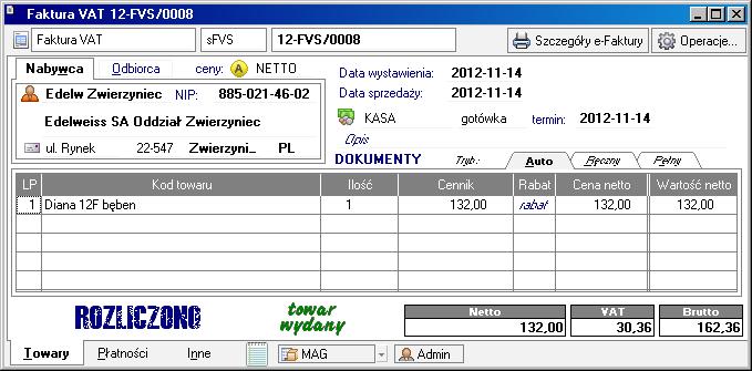 4. Kliknij przycisk Wystaw dokument. 5. Wybierz przycisk OK. 6. Zostanie utworzona e-faktura i zapisana w programie e-dokumenty.