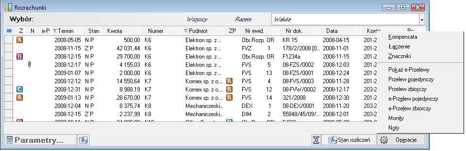 3 Zbiorczy przelew elektroniczny Rys. 49 Menu Operacje w oknie rozrachunków. Elektroniczny przelew zbiorczy można wystawić w oknie Rozrachunki wybierając polecenie e-przelew zbiorczy z menu Operacje.