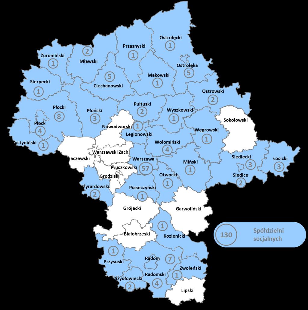 Mapa 3 - Rozkład terytorialny Spółdzielni Socjalnych zarejestrowanych w woj. mazowieckim II.5. Warsztaty Terapii Zajęciowej Źródło: opracowanie własne MCPS.