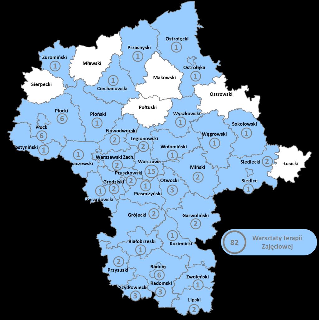 Mapa 4 Rozkład terytorialny Warsztatów Terapii Zajęciowej zarejestrowanych w woj. mazowieckim Źródło: opracowanie własne MCPS II.6.