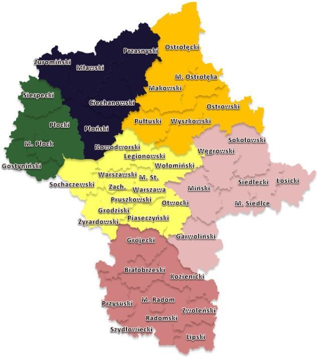 Mapa 6 Mapa woj. mazowieckiego w podziale na subregiony, w których funkcjonowały Ośrodki Wsparcia Ekonomii Społecznej do 31.12.2014 r.