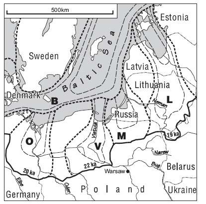 L. Marks (1988, 1991, 2002, 2004, 2005) Marks (1988, 1991) przyjmował funkcjonowanie lobu Wisły podczas nasunięć lądolodu skandynawskiego we wczesnym (W2), środkowym (W3) i późnym vistulianie (W4);