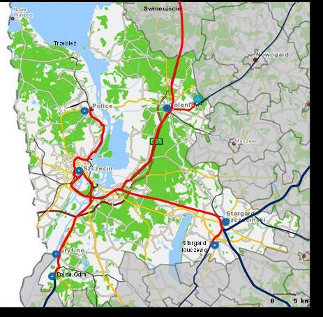 Opcja 1 Budowa sieci SKM na liniach: nr 351 na odcinku Stargard Szczeciński Szczecin Główny z odgałęzieniem na linię 411 do Stargardu Kluczewa, nr 273 na odcinku Dolna Odra Gryfino Szczecin Główny,