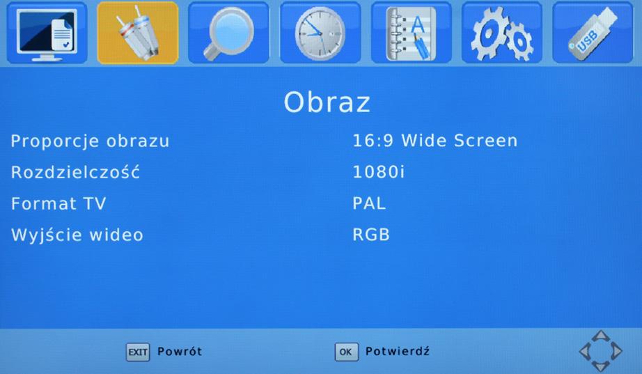 5. USTAWIENIA OBRAZU 1. Należy nacisnąć przycisk Menu. 2. Za pomocą przycisków /, należy przejść do opcji Obraz i nacisnąć przycisk OK. 3. Naciśnięcie przycisku Exit spowoduje wyjście z menu.