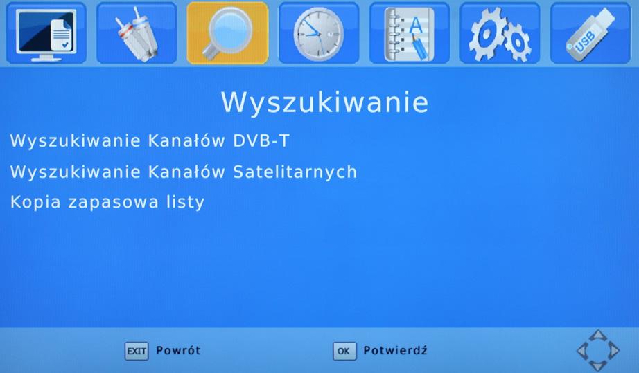 6. WYSZUKIWANIE KANAŁÓW 1. Należy nacisnąć przycisk Menu. 2. Za pomocą przycisków /, należy przejść do opcji Wyszukiwanie kanału i nacisnąć przycisk OK. 3.